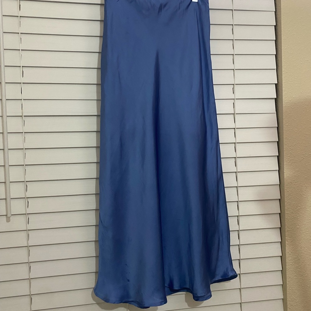 Midi blue satin slip skirt